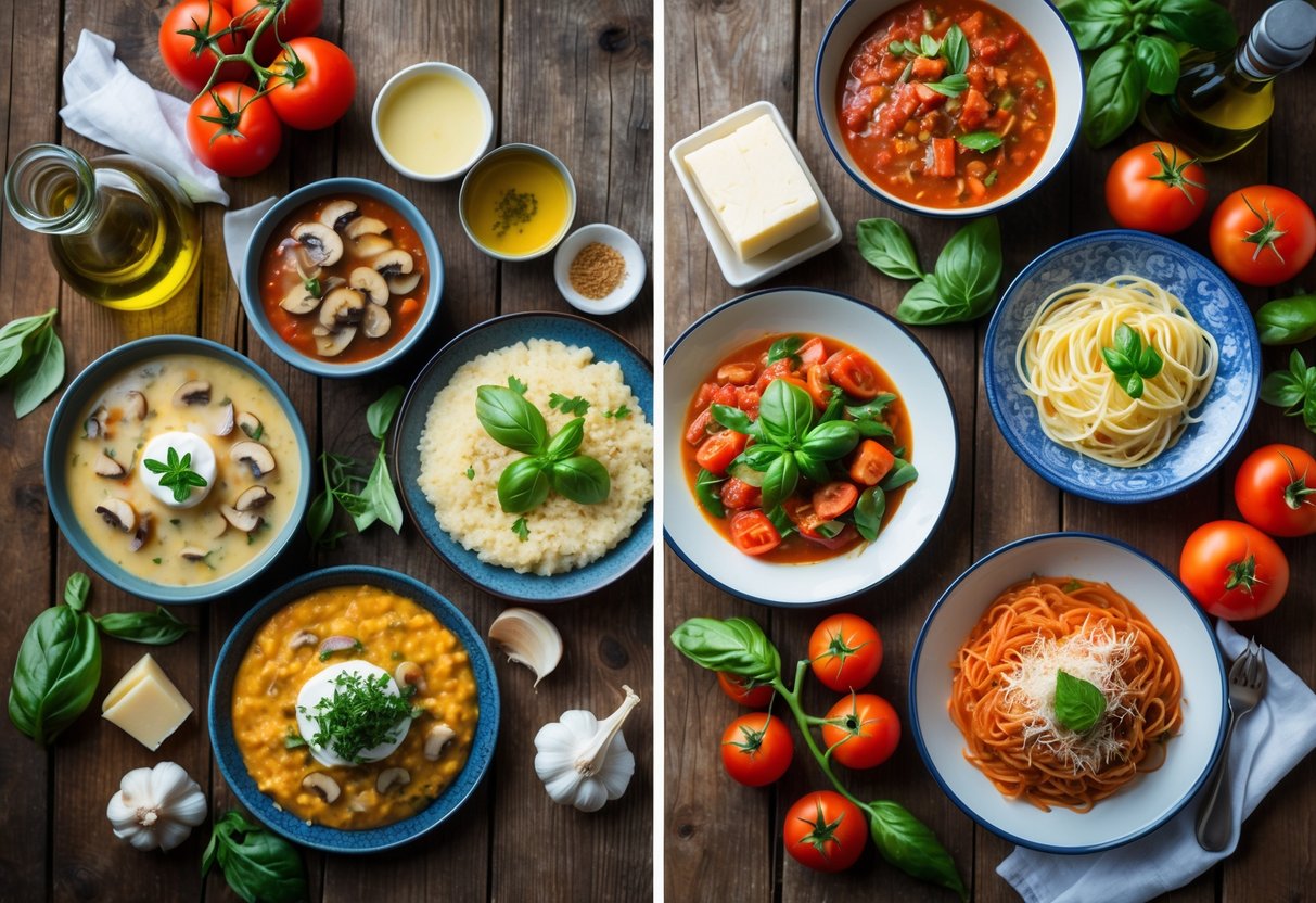 A table displaying Northern Italian creamy dishes with mushrooms and cheese on one side and Southern Italian tomato-based pasta dishes with fresh herbs on the other, surrounded by fresh ingredients like tomatoes, garlic, basil, cheese, butter, and olive oil.