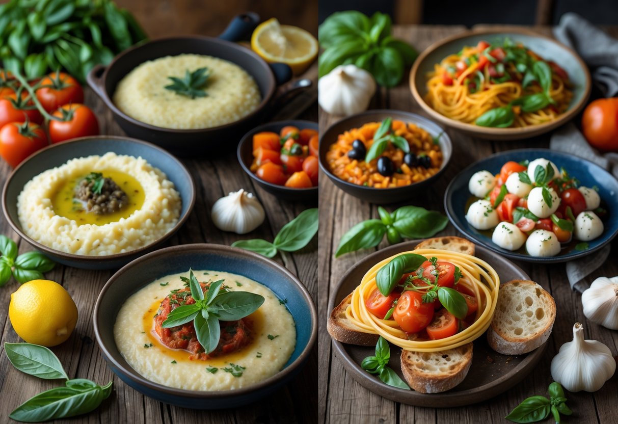 A table displaying traditional Northern and Southern Italian dishes side by side, with fresh ingredients like tomatoes, basil, and cheese arranged around the plates.
