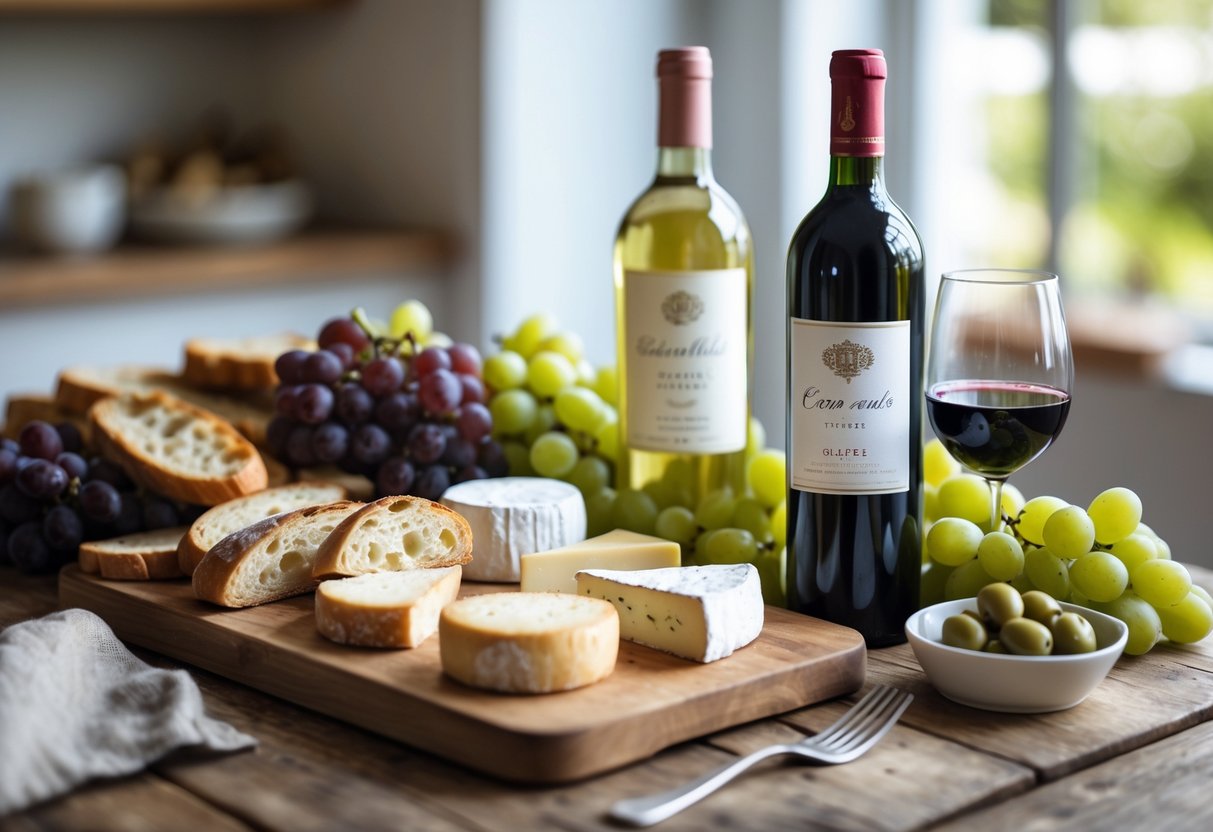 A wooden table with bottles of red and white wine surrounded by bread, cheese, grapes, and olives in a bright kitchen setting.
