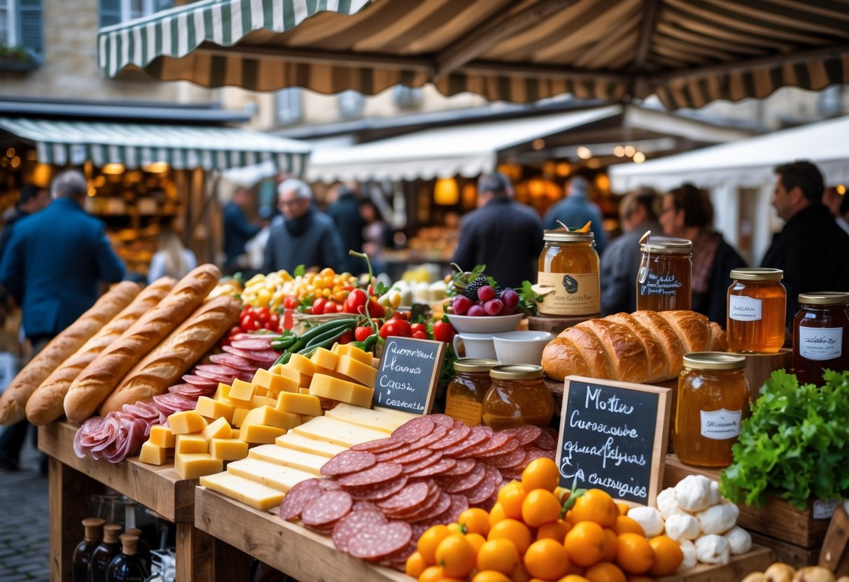 A busy French market with stalls displaying fresh bread, cheeses, meats, fruits, and pastries, with people shopping and rustic buildings in the background.