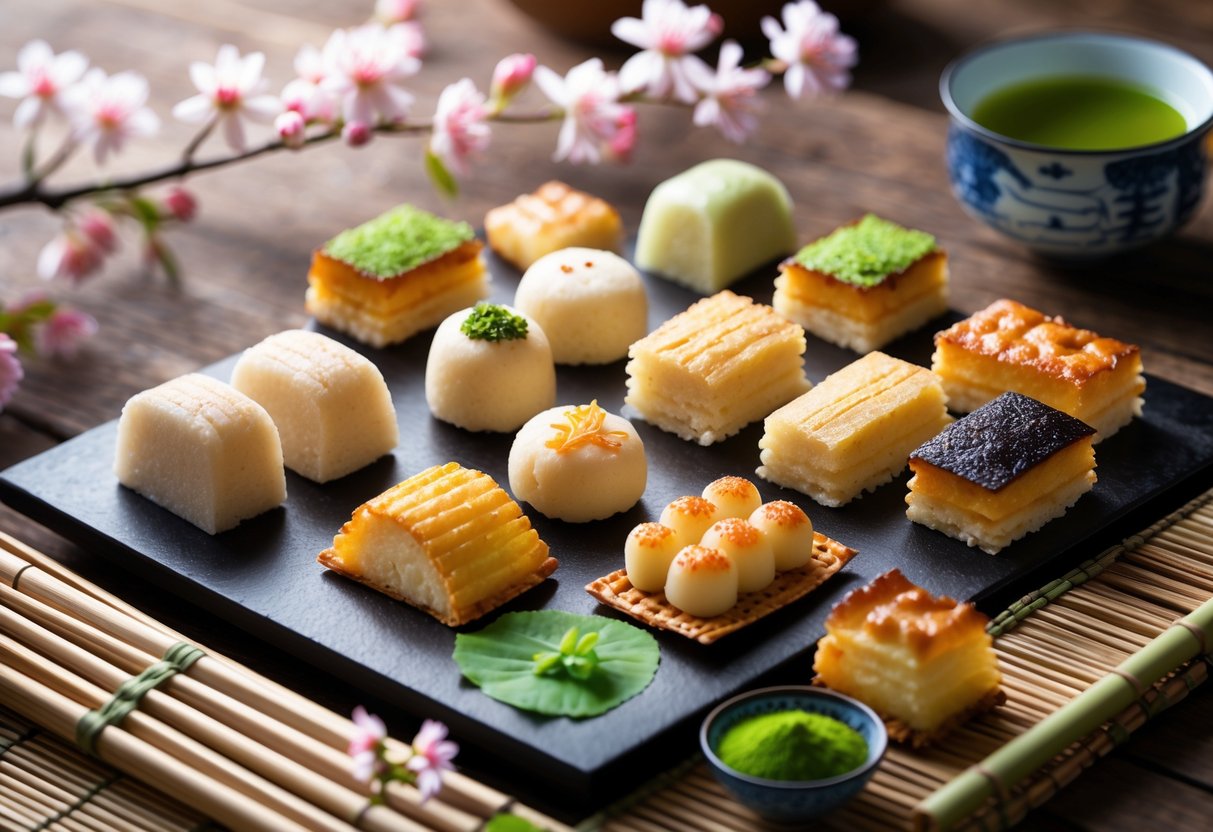 A selection of traditional Japanese desserts including manju, dorayaki, and imagawayaki arranged on a wooden table with a cup of green tea and cherry blossoms nearby.