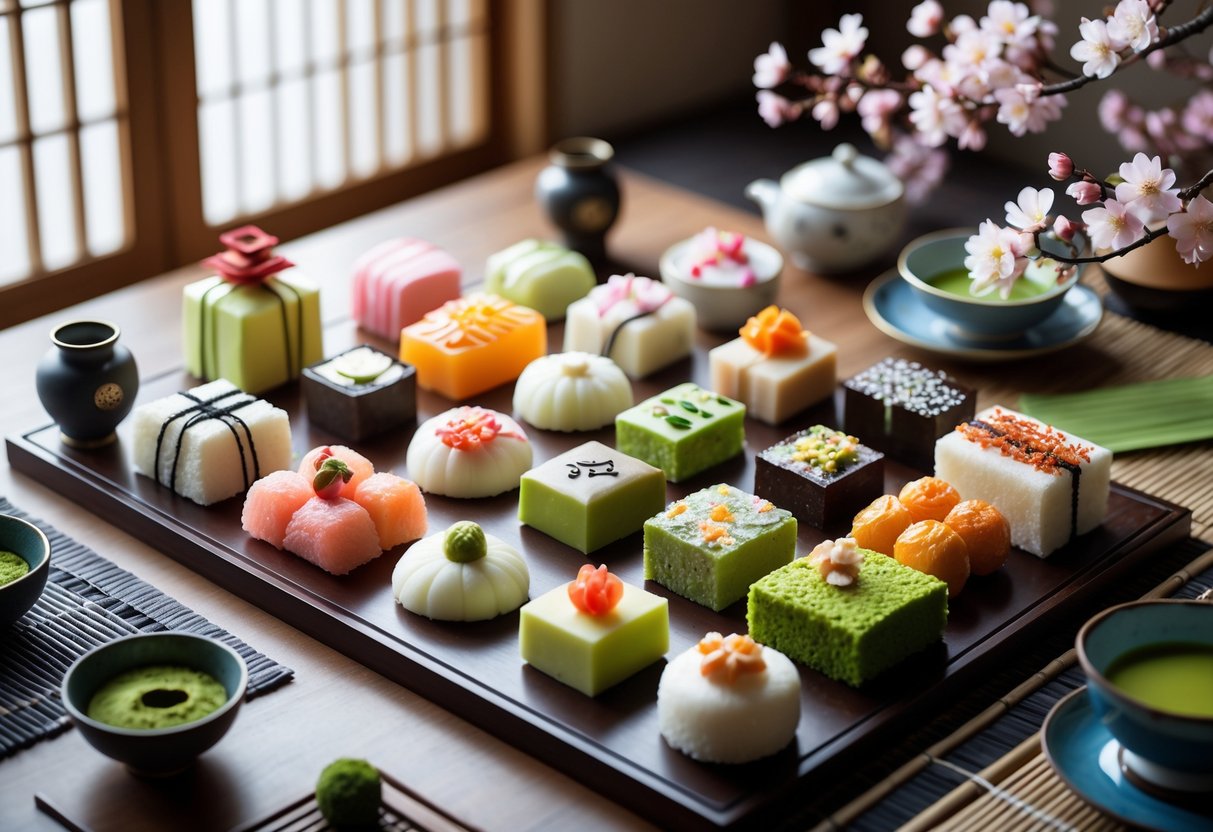 A variety of traditional Japanese desserts including mochi, wagashi, and matcha sweets arranged on a wooden table with seasonal decorations around them.