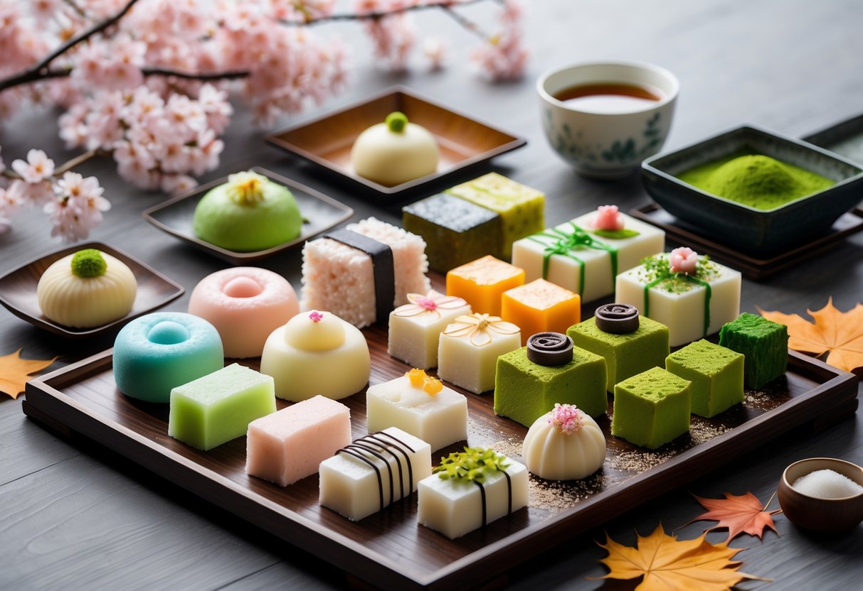 An assortment of traditional Japanese desserts including mochi, wagashi, and matcha sweets arranged on a wooden table with seasonal decorations like cherry blossoms and autumn leaves.