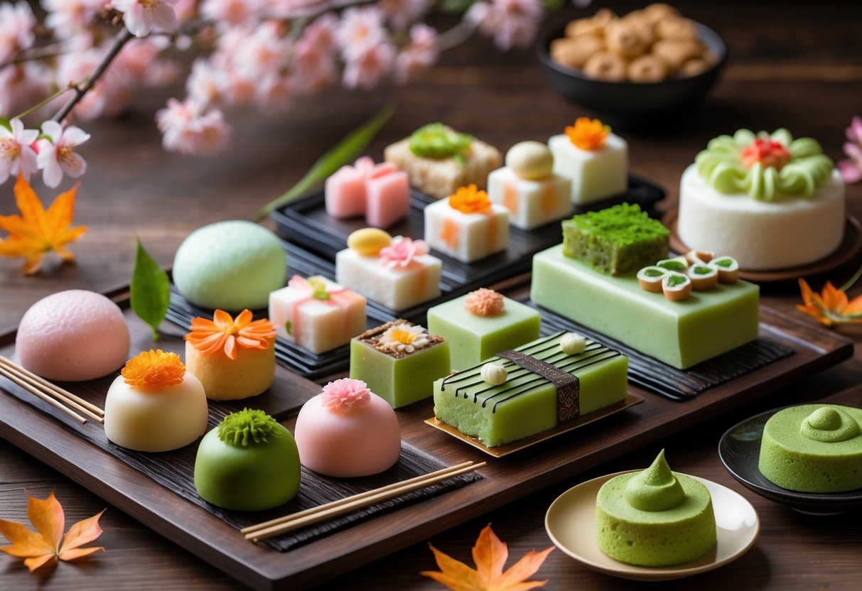 A wooden table displaying an assortment of colourful Japanese desserts including mochi, wagashi, and matcha sweets, decorated with cherry blossom petals and autumn leaves.