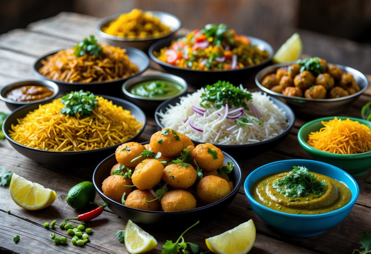 A table displaying a variety of Indian street snacks and chaat dishes with fresh ingredients and sauces.