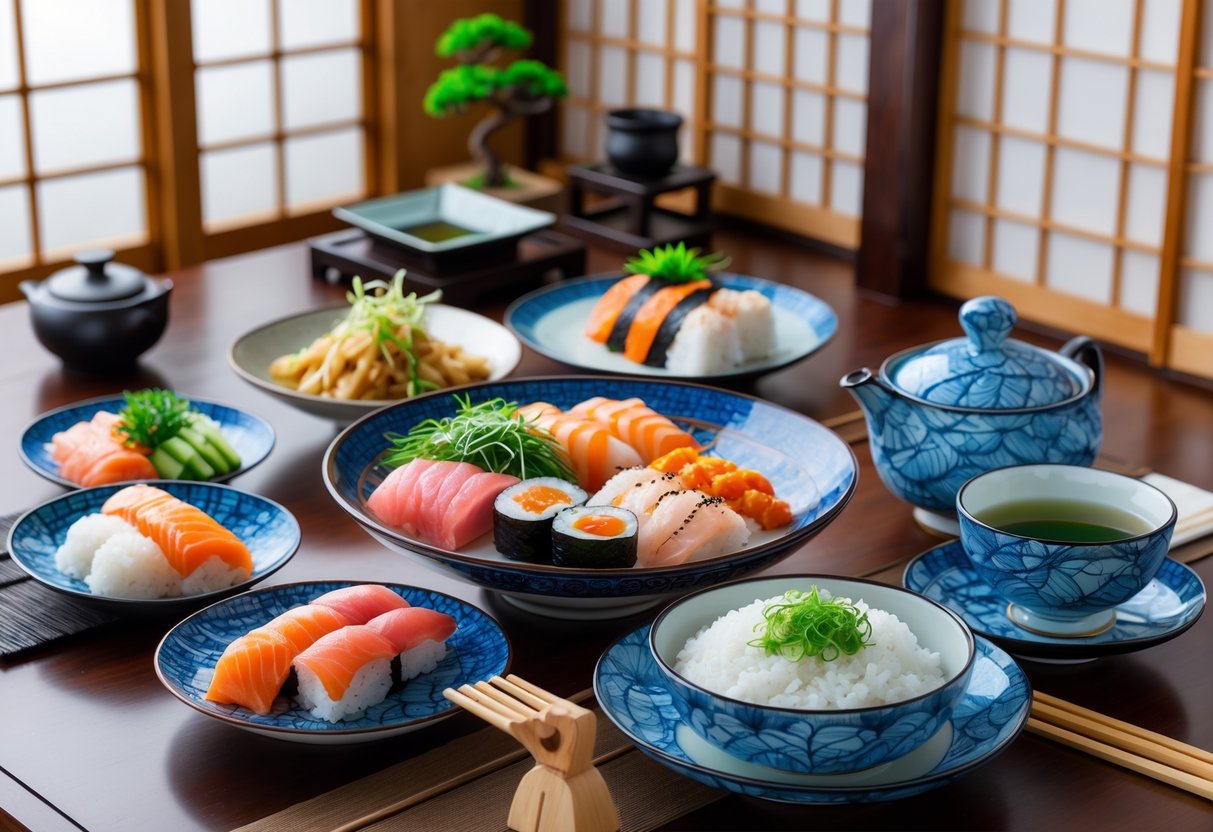 A table set with various traditional Japanese dishes including sushi, sashimi, tempura, miso soup, and rice, with chopsticks and a teapot, surrounded by subtle Japanese cultural elements.