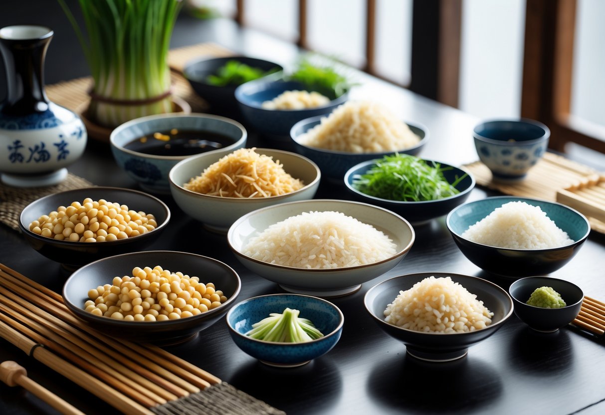 A wooden table with bowls of traditional Japanese cooking ingredients like soybeans, miso, seaweed, bonito flakes, sake, ginger, garlic, scallions, and rice arranged neatly.