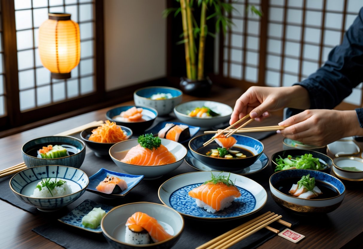 A traditional Japanese dining table with various dishes and hands using chopsticks to pick up sushi.