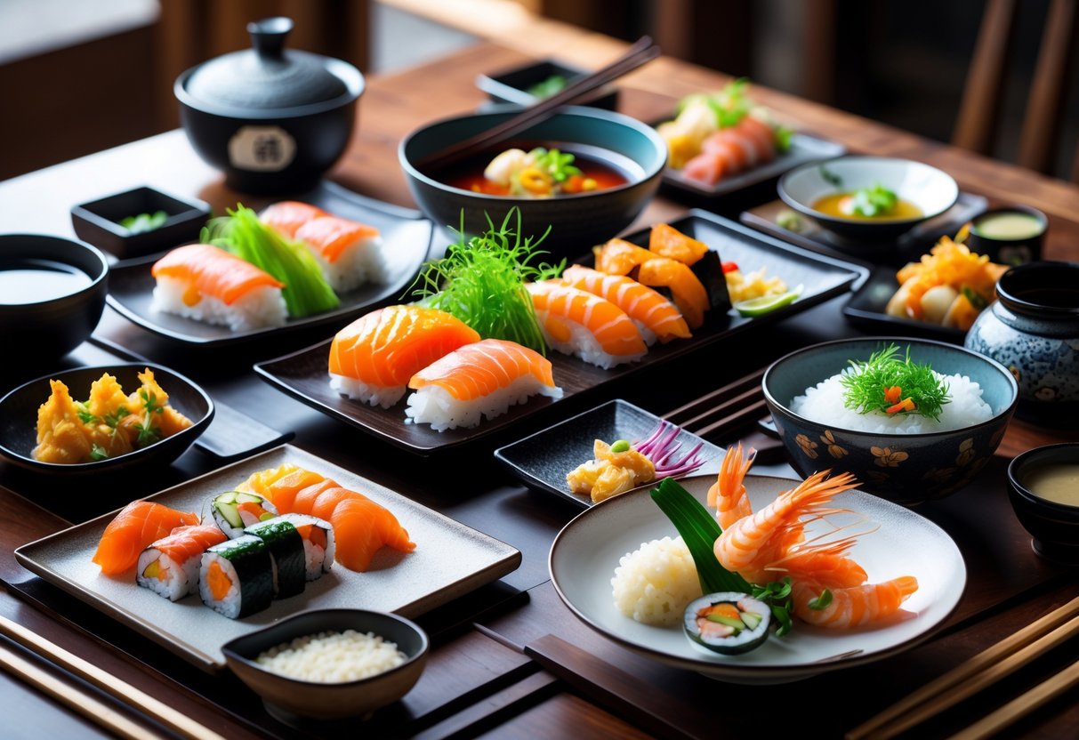 A table set with a variety of Japanese dishes including sushi, sashimi, tempura, miso soup, rice, and pickled vegetables, arranged with chopsticks and ceramic dishes.