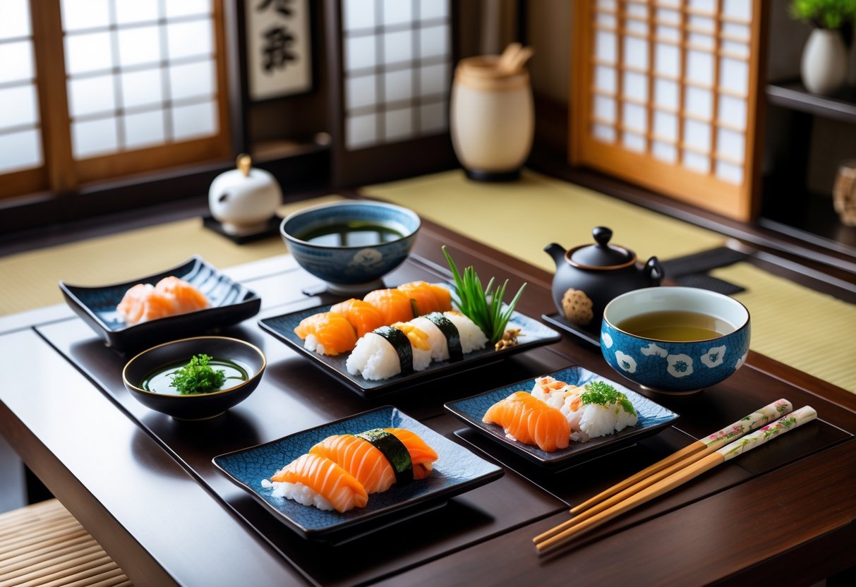A wooden table set with traditional Japanese dishes including sushi, tempura, miso soup, and green tea in a calm dining room with Japanese decor.