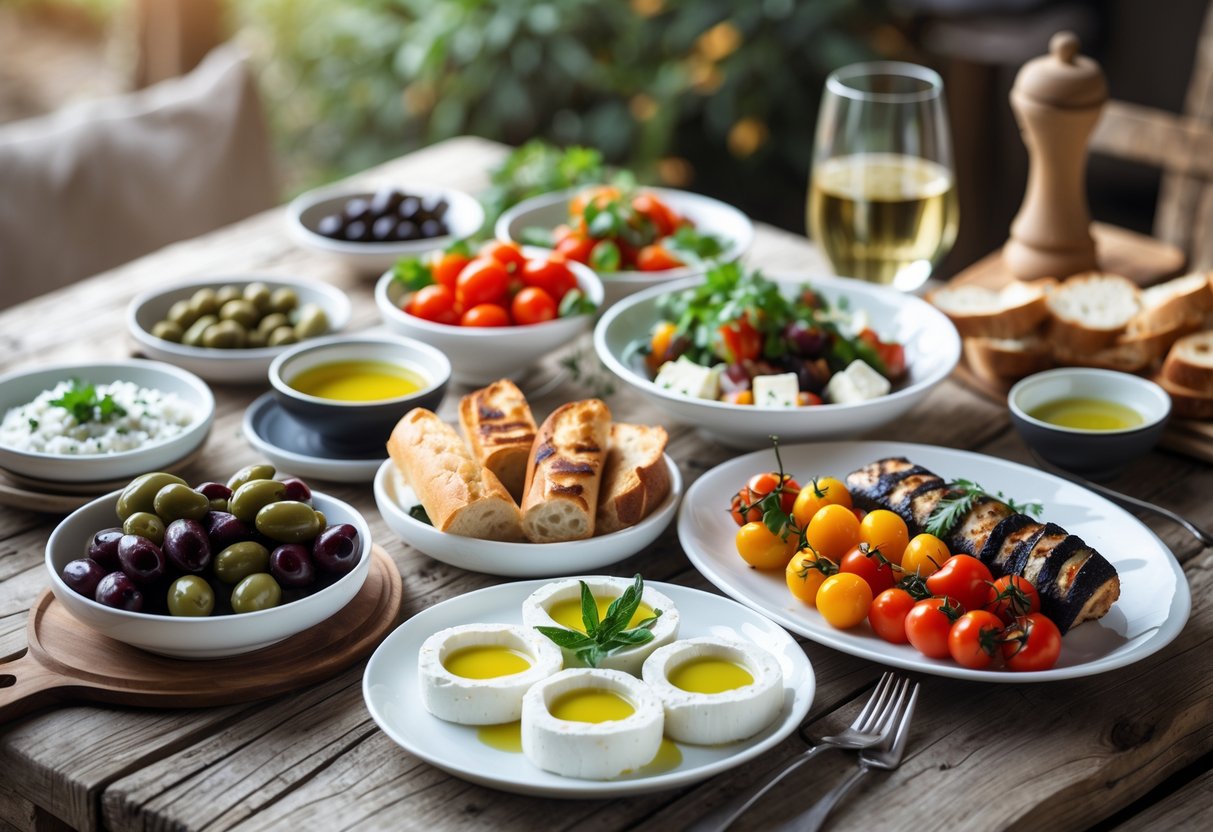 A table set with various small Greek dishes including olives, tzatziki, dolmades, halloumi, roasted peppers, feta cheese, and bread, with a glass of white wine and a pitcher of water.
