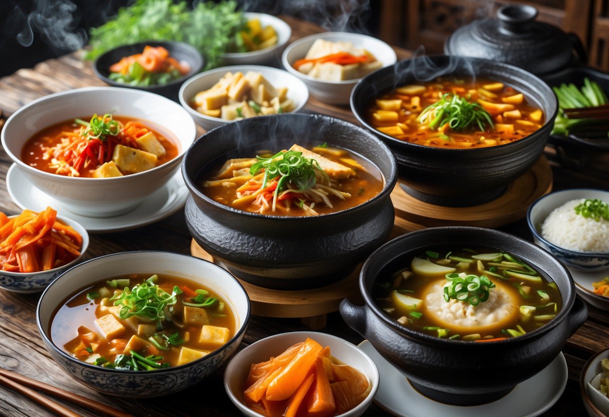 A table with several bowls of Korean soups and stews including kimchi jjigae, doenjang jjigae, and sundubu, accompanied by small side dishes and rice.