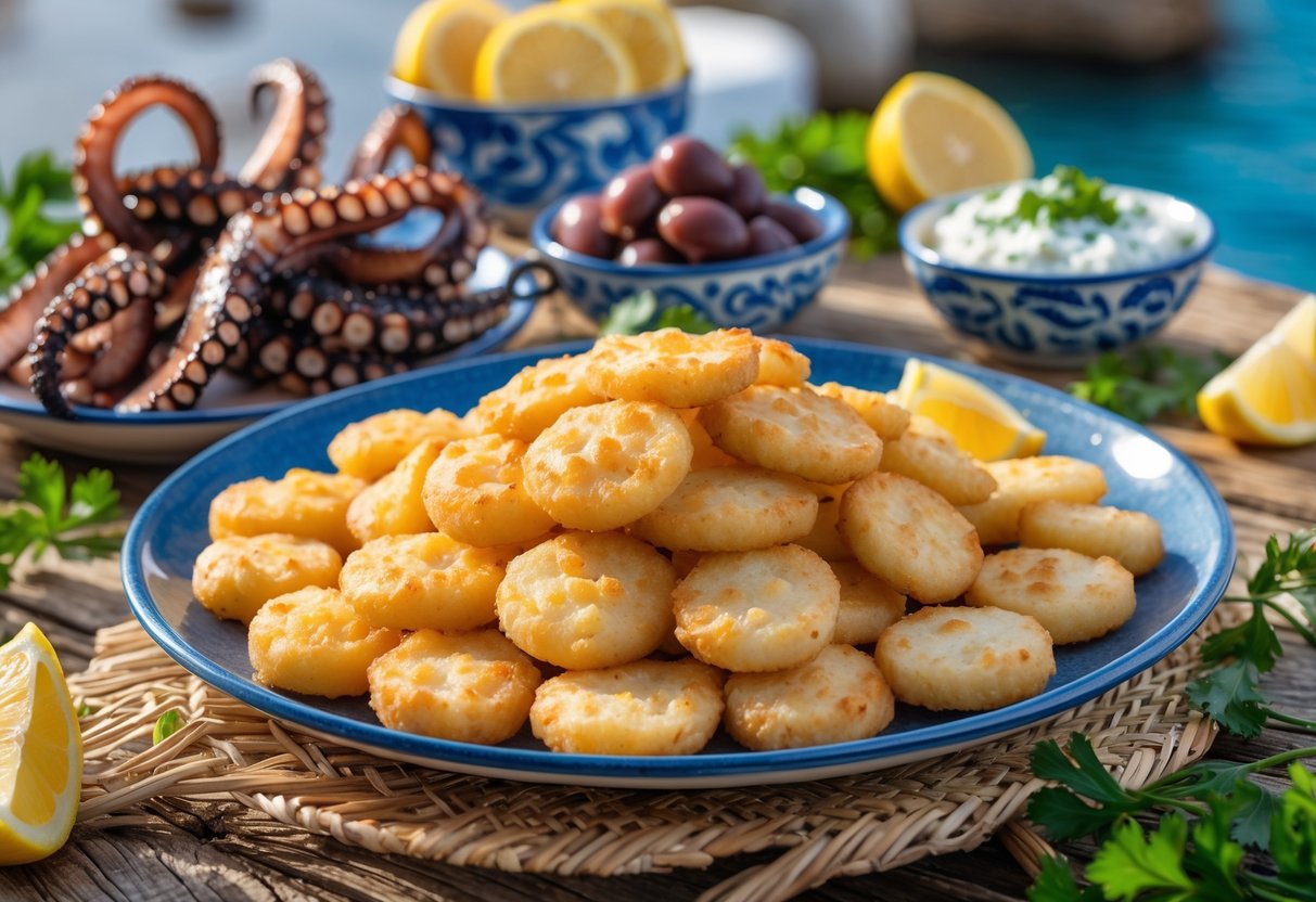A plate of fried whitebait with grilled octopus, lemon wedges, olives, and herbs on a rustic wooden table by the sea.