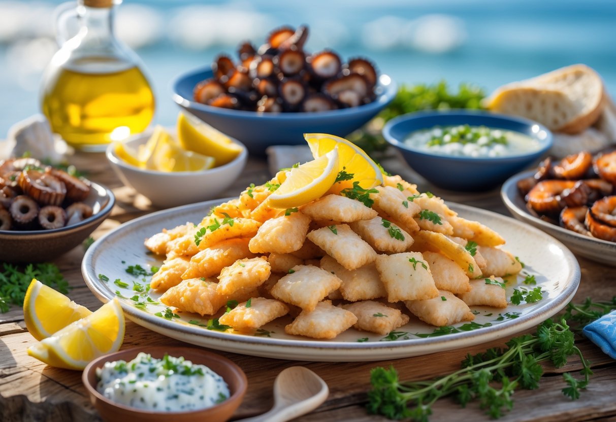 A table by the seaside with a plate of fried whitebait, grilled octopus, lemon wedges, and fresh herbs, set for a Greek seafood meal.