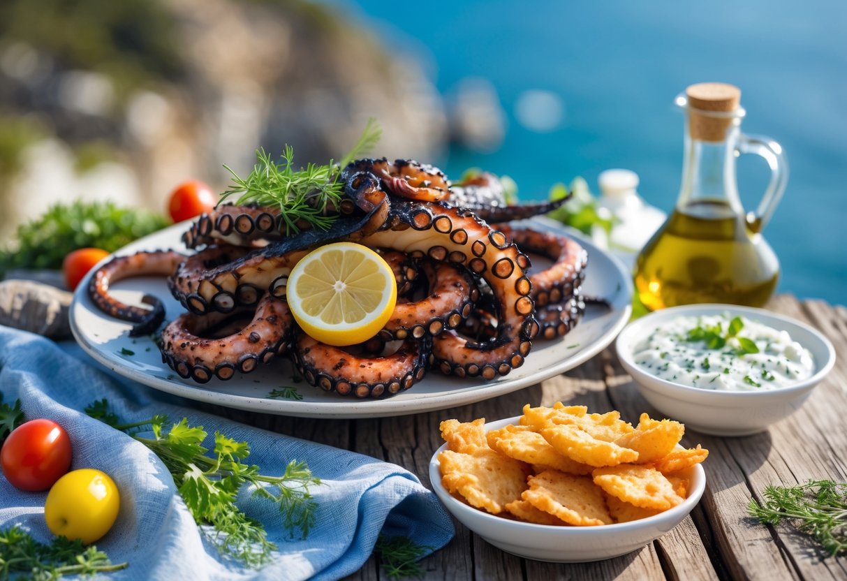A table by the sea with plates of grilled octopus and fried whitebait, surrounded by fresh herbs, lemon wedges, and olives.