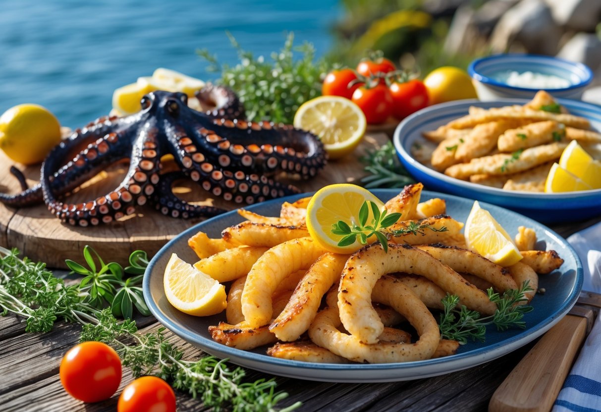 A table by the sea with grilled octopus, fried whitebait, lemon wedges, fresh herbs, tomatoes, and bread, set against a calm coastal background.
