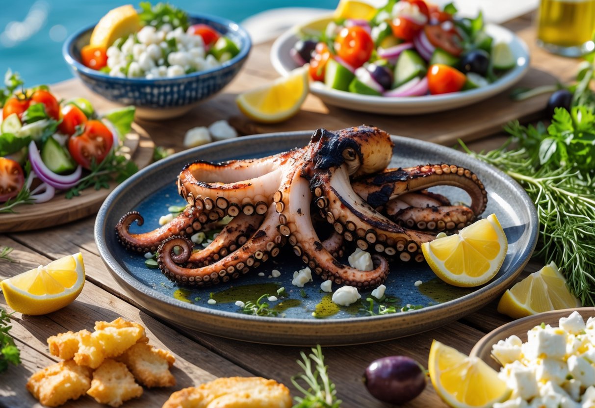 A table with grilled octopus, fried whitebait, fresh Greek salad with feta, lemon wedges, and bread arranged on plates.