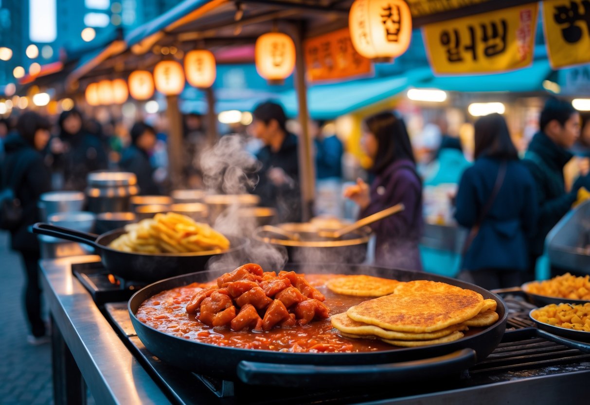 A busy Korean street food stall serving tteokbokki and hotteok under brightly lit tents with people enjoying the food in an evening market.