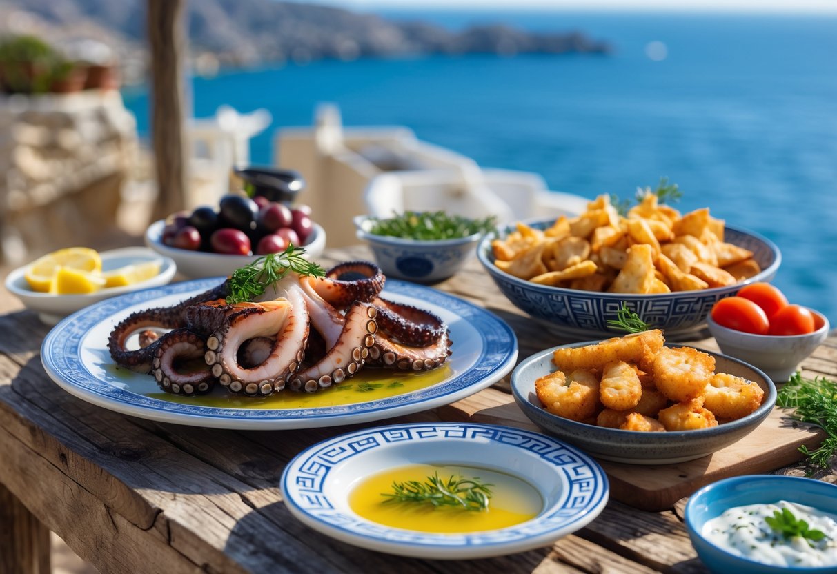 A table by the coast with plates of grilled octopus, fried whitebait, and Greek side dishes under natural sunlight.
