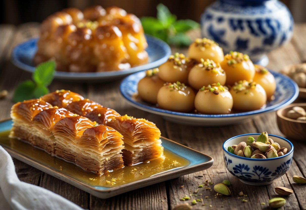 A selection of traditional Greek desserts including baklava, galaktoboureko, and loukoumades arranged on a wooden table with natural lighting.