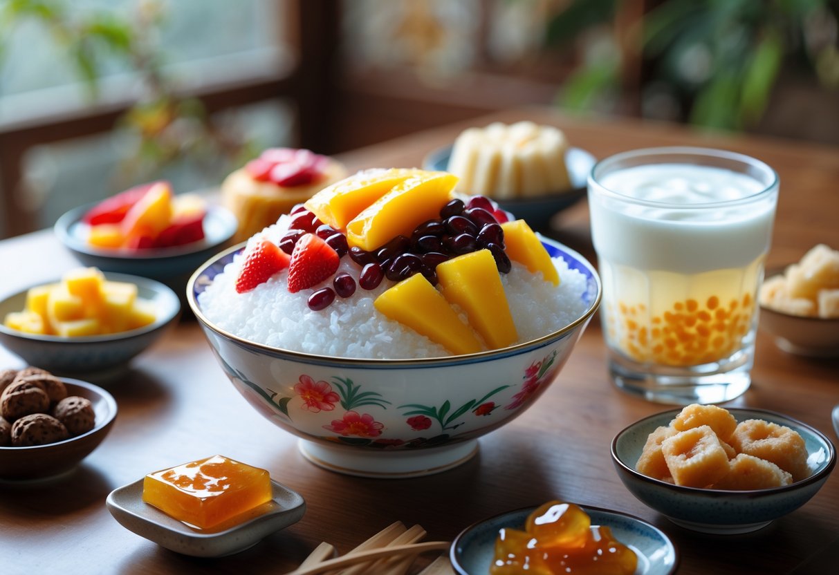 A table displaying traditional Korean desserts including bingsu with fruit and red beans, a glass of sweet rice drink sikhye, and small dishes of rice cakes and nuts.