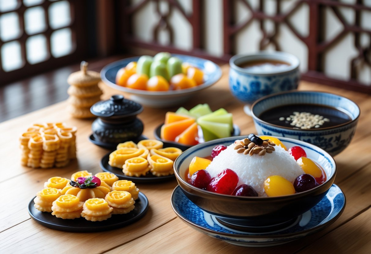 A table displaying traditional Korean desserts including honey cookies, glazed fruit slices, shaved ice with toppings, and a sweet rice drink in ceramic cups.