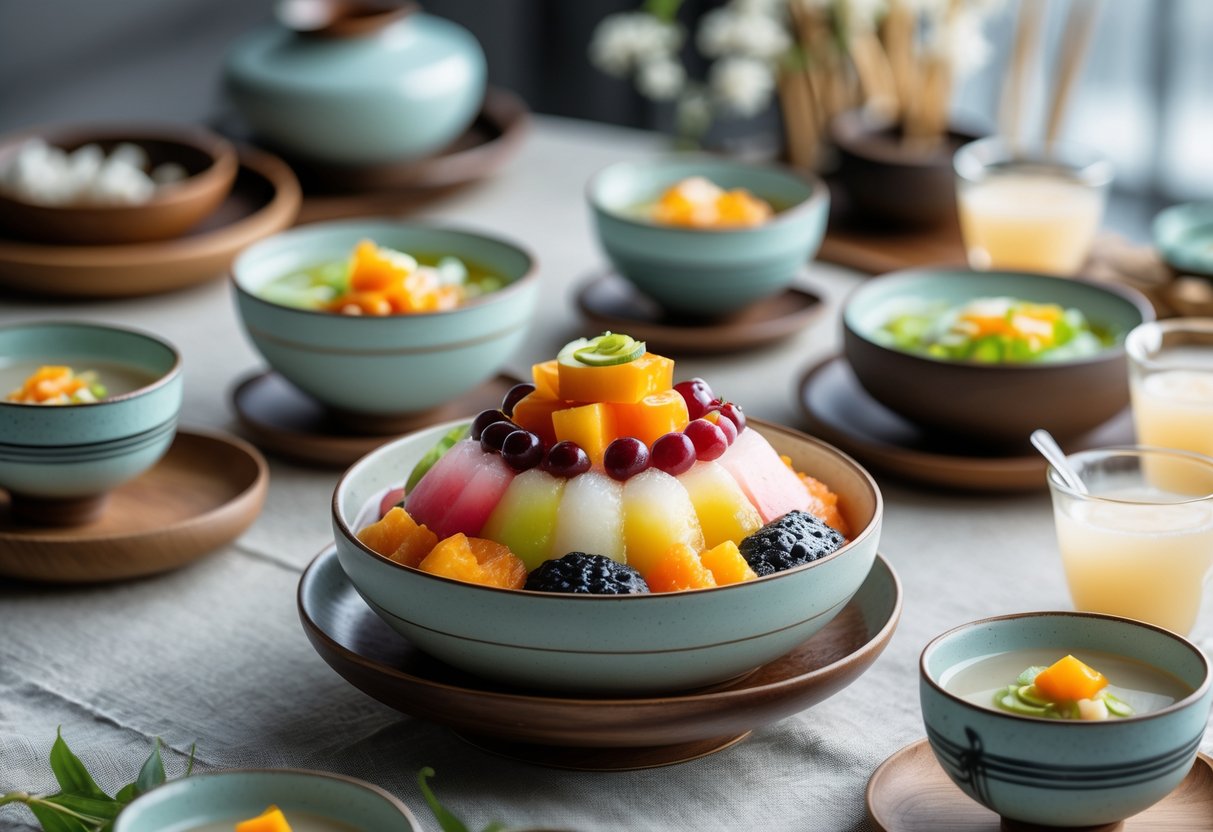 A table with a bowl of bingsu topped with fruits and red beans, glasses of sikhye, and Korean-style bowls arranged in a warm setting.