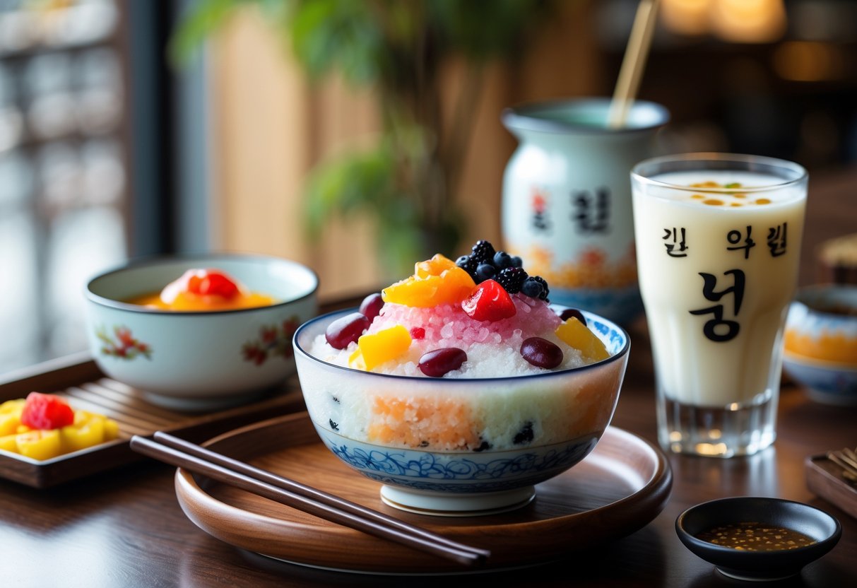 A table with a bowl of Korean shaved ice dessert topped with fruit and a glass of sweet rice drink, set in a cozy caf&eacute;.