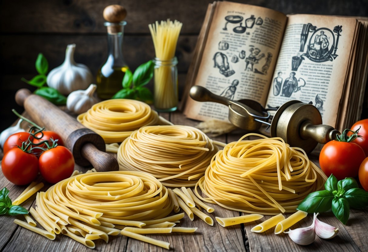 A wooden table with various uncooked pasta types, ancient cooking tools, an open old book with illustrations, and fresh ingredients like tomatoes and basil.