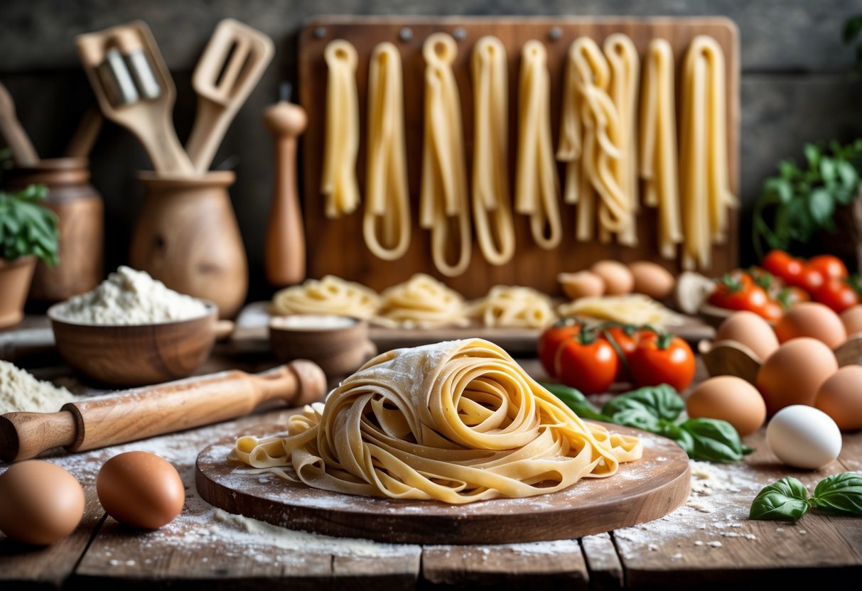Rustic Italian kitchen scene with pasta-making tools, fresh ingredients, and various pasta shapes on a wooden board.
