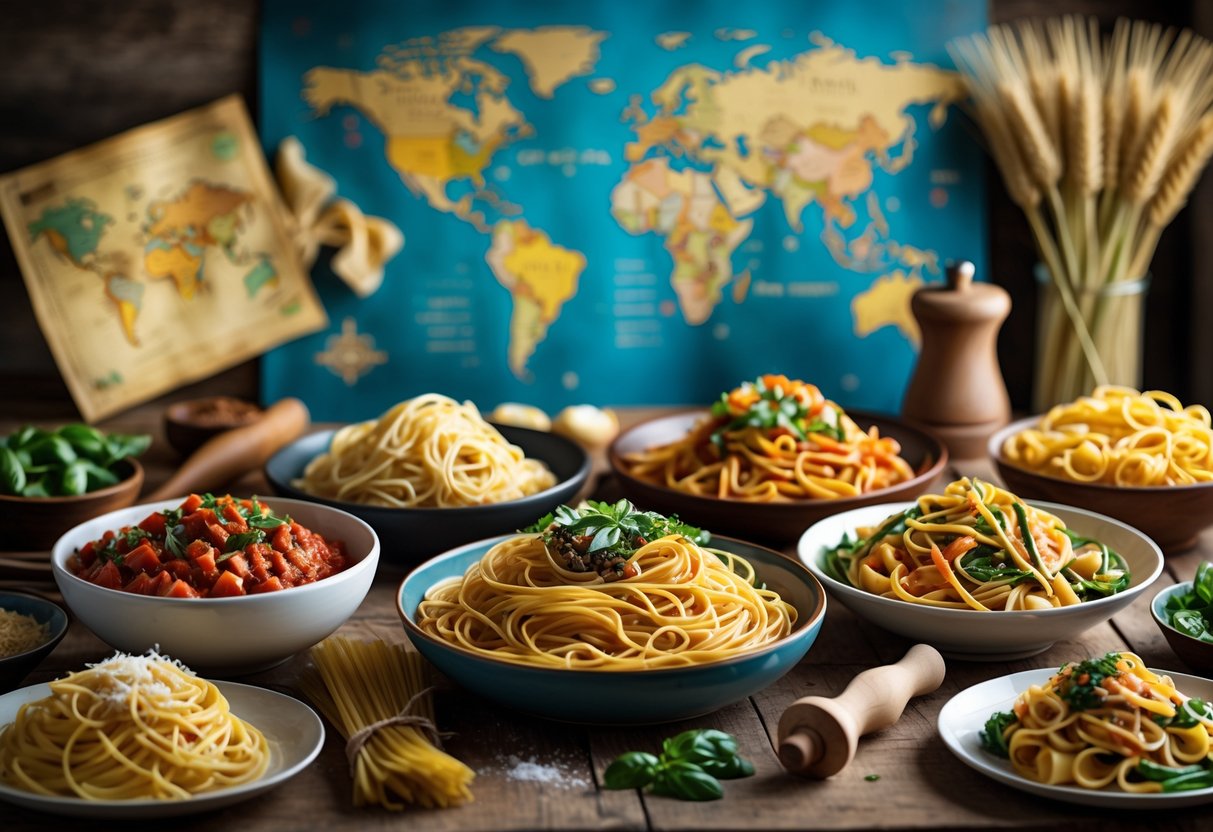 A table with various pasta dishes from different cultures, an old map of Italy, wheat stalks, and traditional Italian kitchen tools.