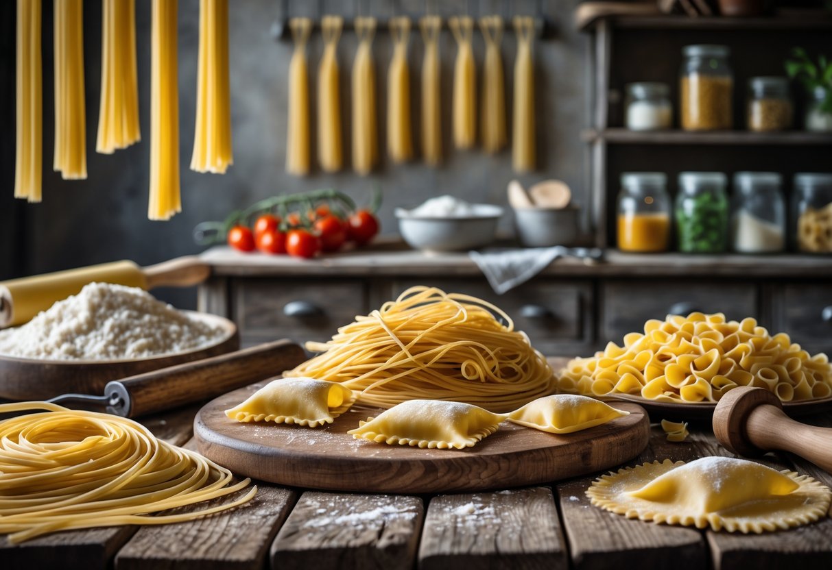 A rustic wooden table with different types of pasta and antique kitchen tools in a softly lit vintage Italian kitchen.