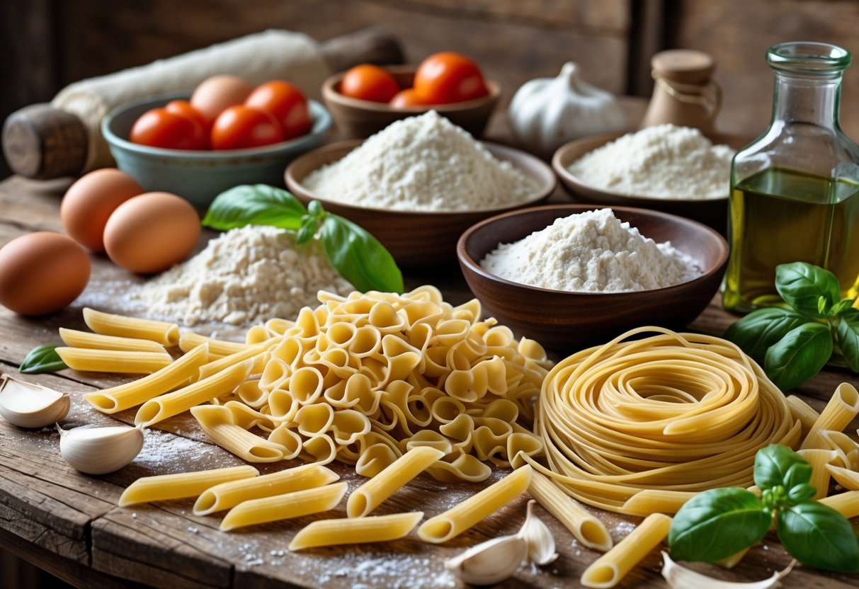 A wooden table with various uncooked pasta shapes, fresh ingredients like tomatoes, basil, eggs, garlic, and olive oil arranged alongside a rolling pin and flour sack.