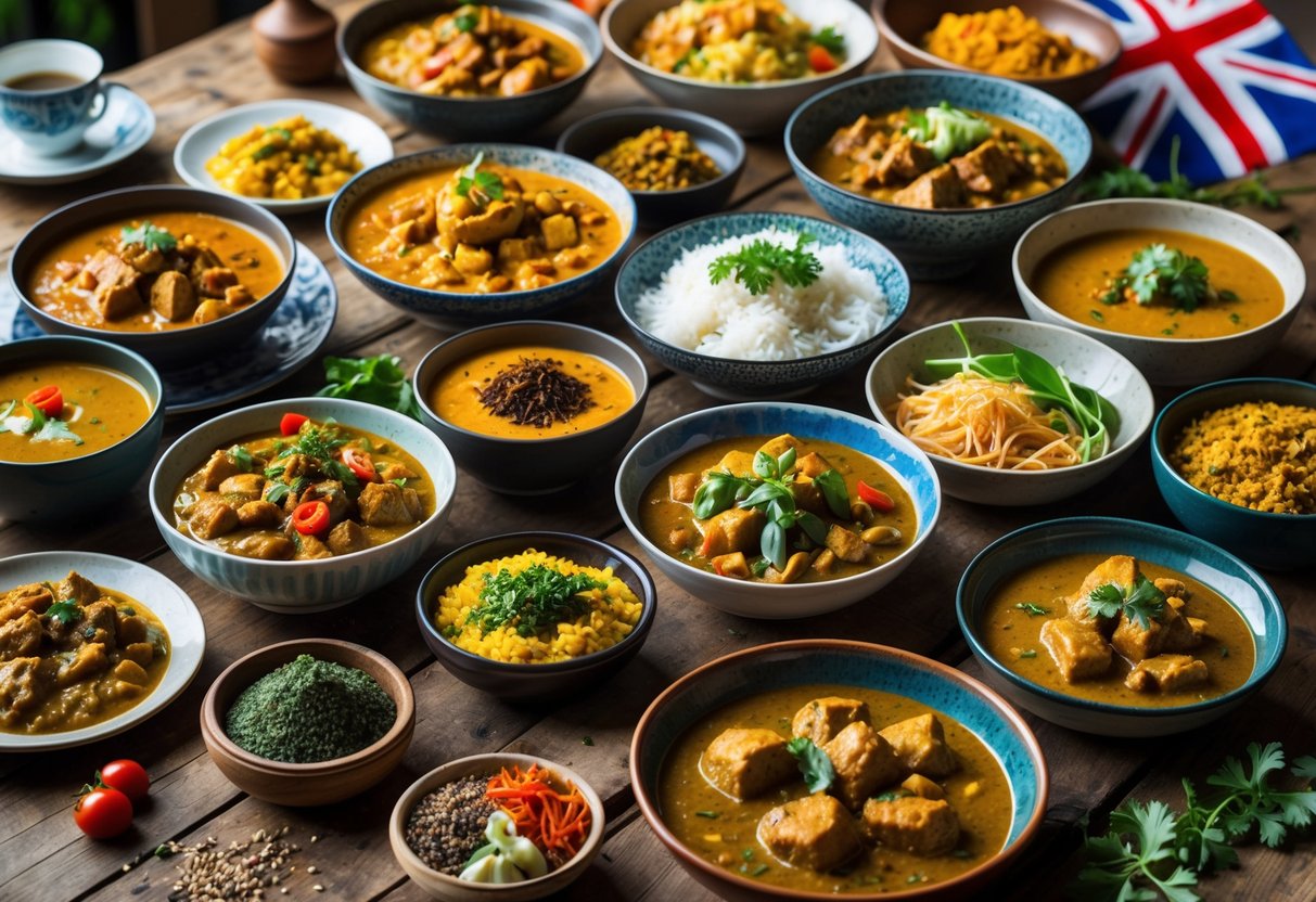 A table displaying a variety of colourful curry dishes from different cultures with fresh spices and herbs, alongside subtle British-themed items.