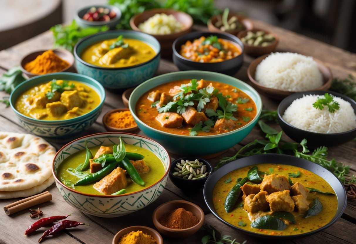 A table with a variety of colourful curry dishes and traditional accompaniments arranged neatly, showcasing different styles of curry from around the world.