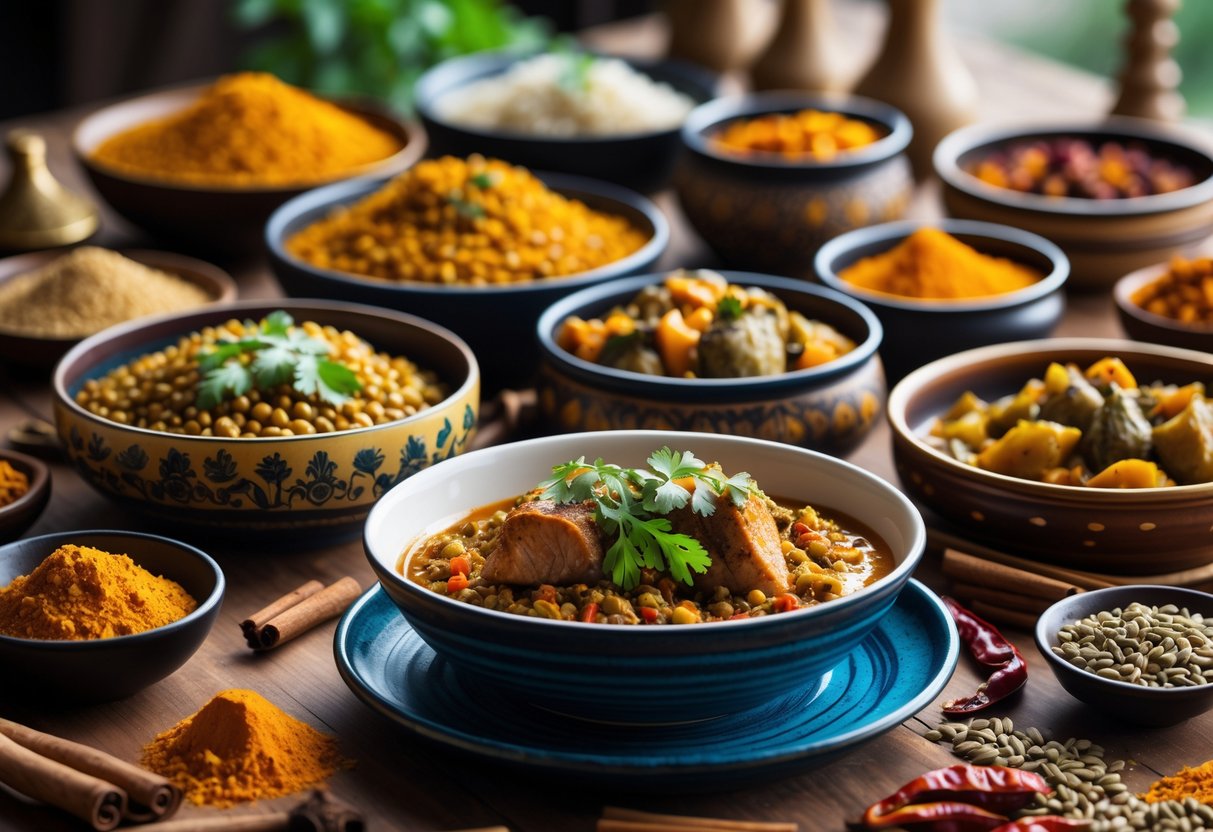 A table displaying a variety of colourful spiced dishes and fresh spices arranged neatly.