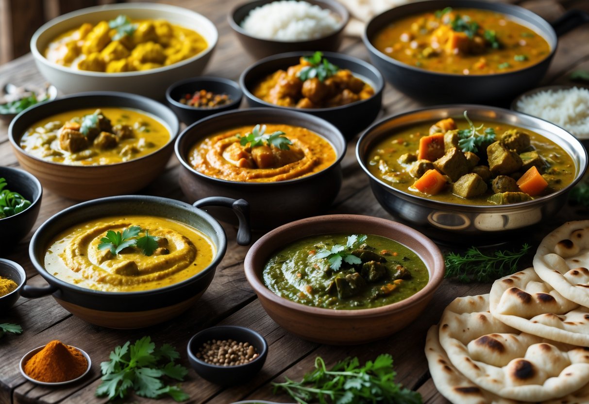 A table filled with a variety of colourful curry dishes and traditional accompaniments like naan bread and rice.