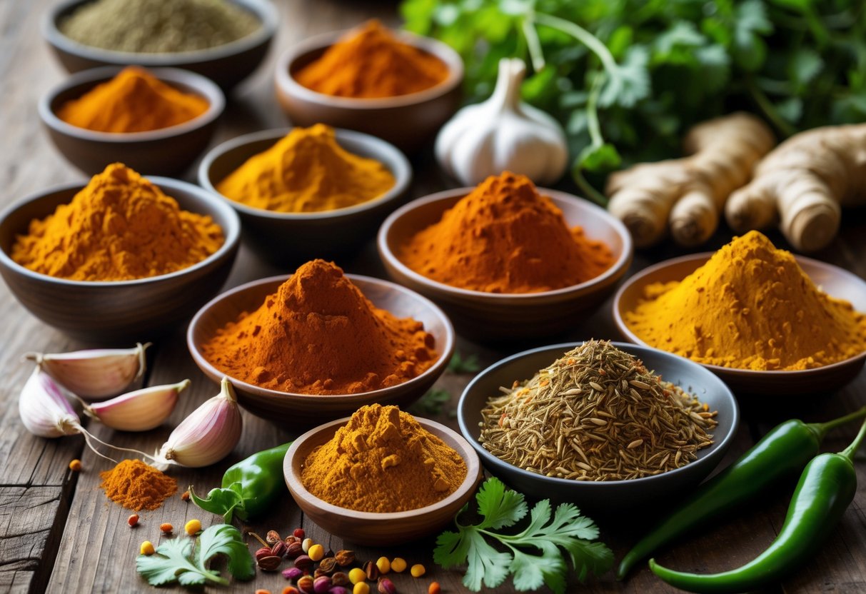 A wooden table with bowls of colourful curry spices and fresh ingredients like garlic, ginger, and coriander leaves.
