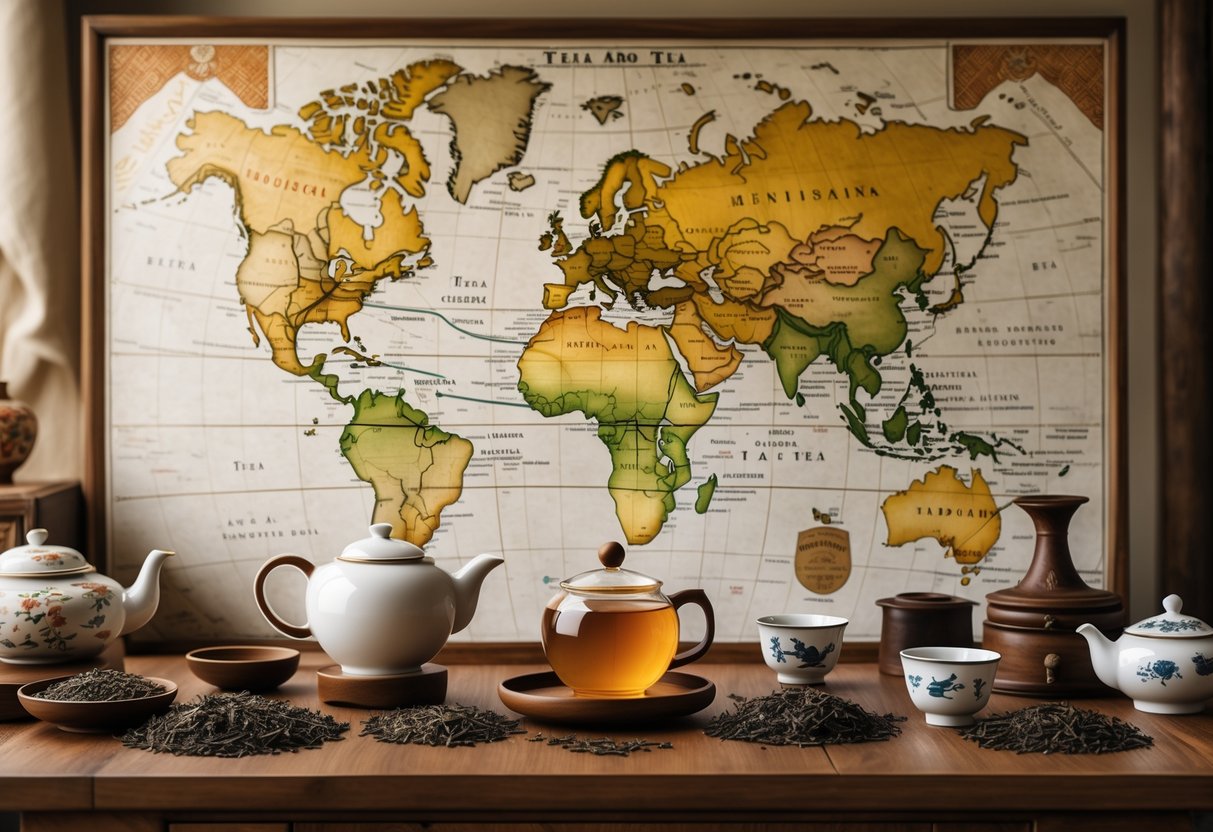 A table with traditional tea utensils and loose tea leaves in front of a vintage map showing ancient trade routes across Asia and Europe.