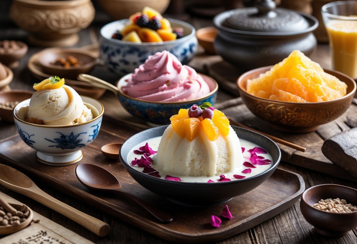 A variety of traditional frozen desserts from different cultures arranged on a wooden table with cultural items around them.