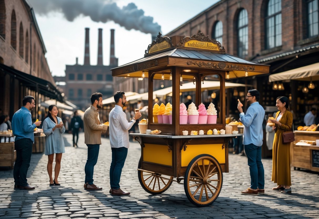 A vintage ice cream cart in a busy outdoor market with people from different cultures enjoying frozen desserts near an early industrial factory.
