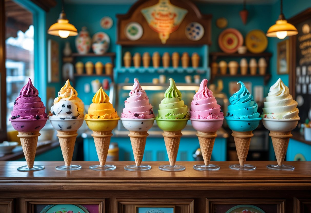 An ice cream parlour interior with colourful ice cream cones and scoops in various flavours displayed on a wooden counter, surrounded by cultural items representing different world regions.