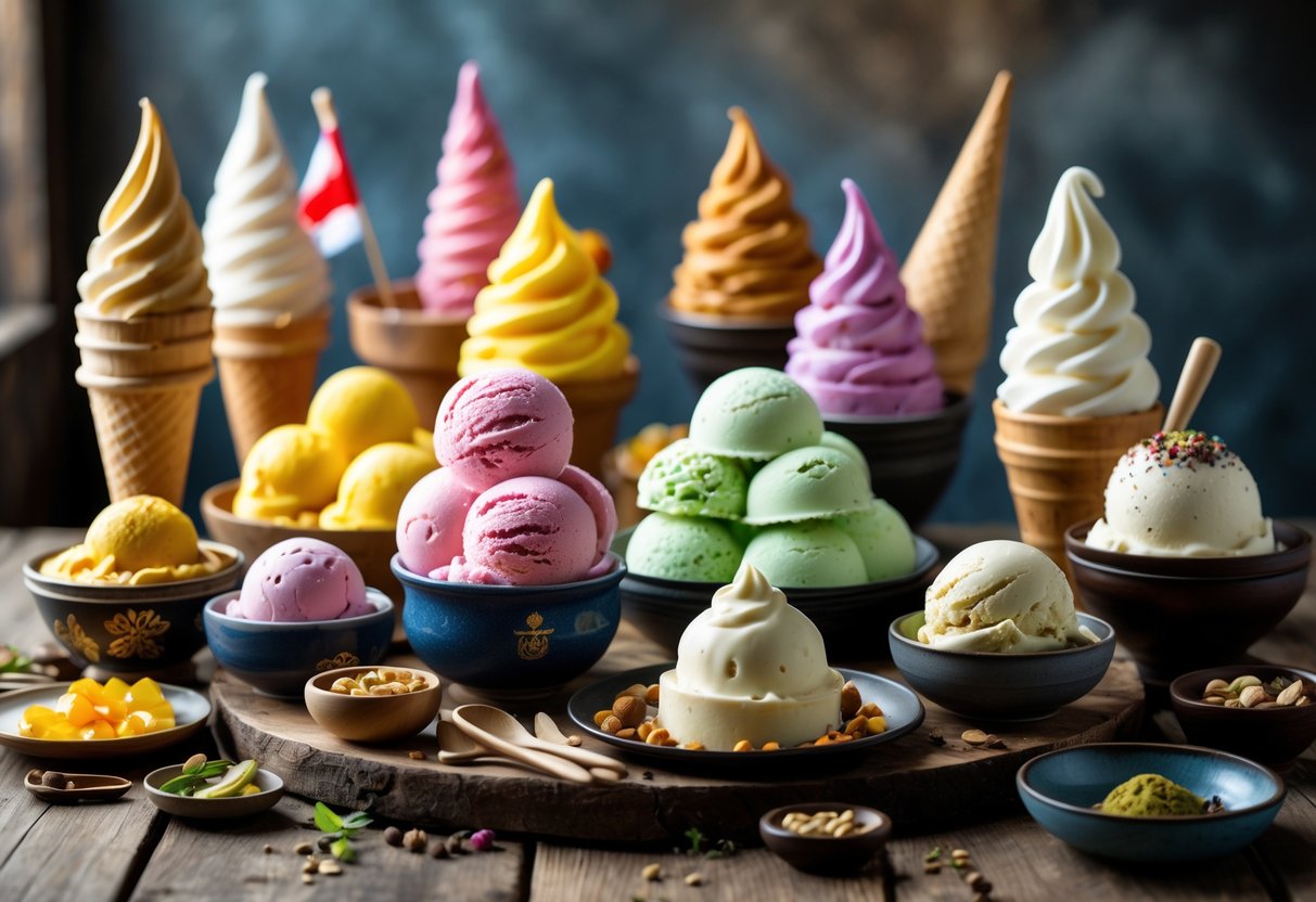 A table displaying a variety of frozen desserts from different cultures, including ice cream cones, gelato, mochi, kulfi, and rosewater ice cream, with ingredients and small cultural items around them.