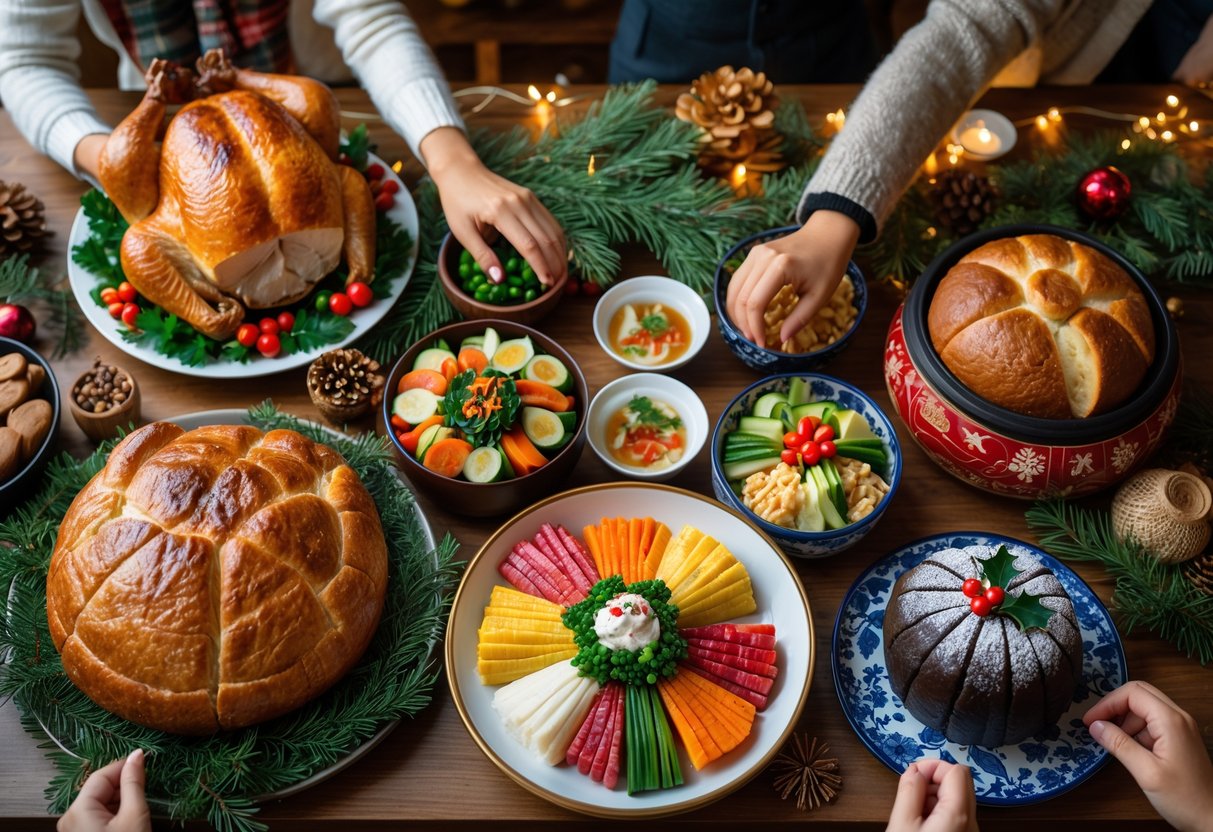 A table filled with traditional Christmas foods from various cultures, including roasted turkey, panettone, tamales, osechi-ryori, stollen, and Christmas pudding, with hands reaching in to share the meal.