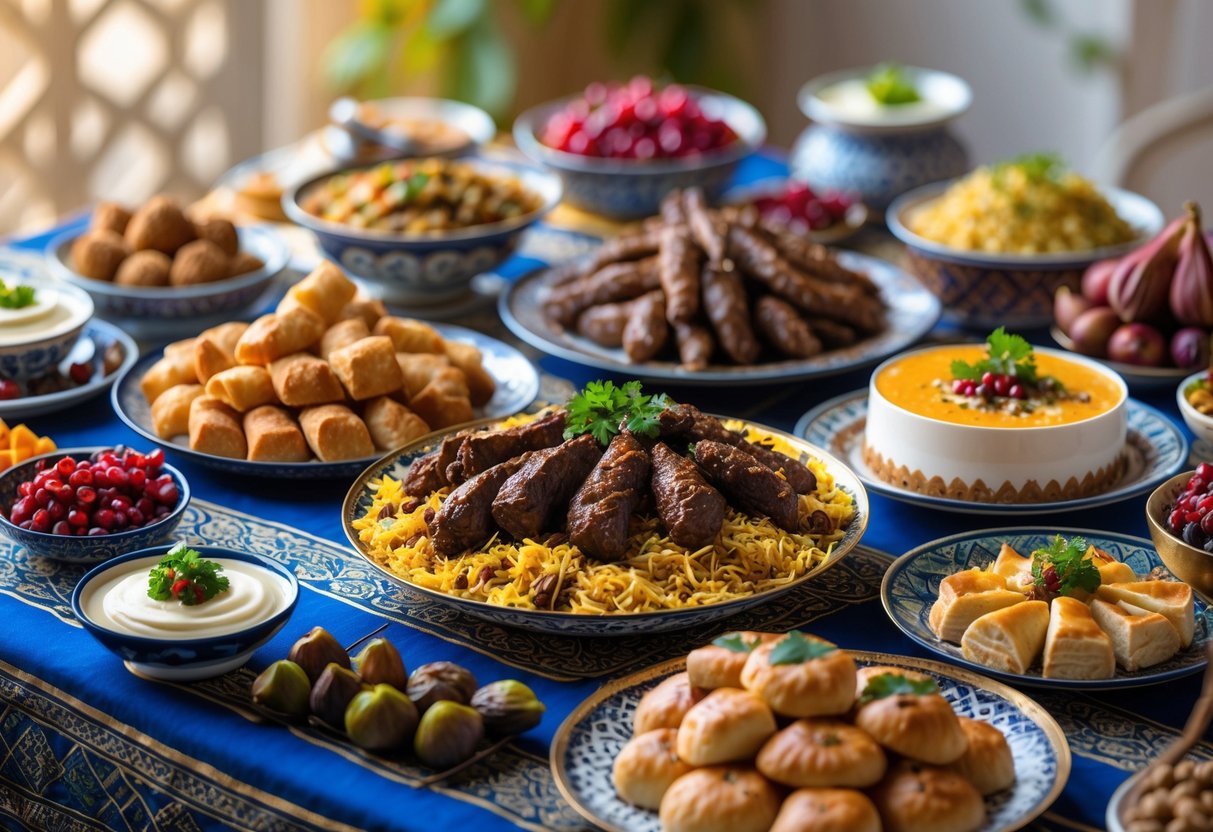 A table set with a variety of traditional Eid dishes from different Muslim cultures, including rice, kebabs, samosas, dates, pastries, desserts, and fresh fruits.