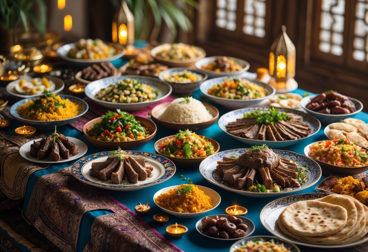 A table filled with a variety of traditional Eid al-Adha dishes from different Muslim cultures, including meat, rice, bread, salads, and sweets, decorated with festive items.