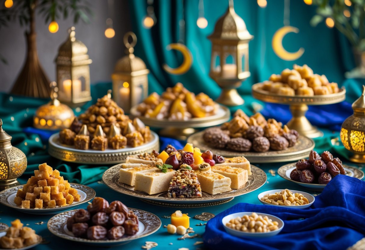 A table displaying a variety of traditional Eid sweets and desserts from different Muslim cultures, arranged on decorative plates with festive lanterns and fabrics around.