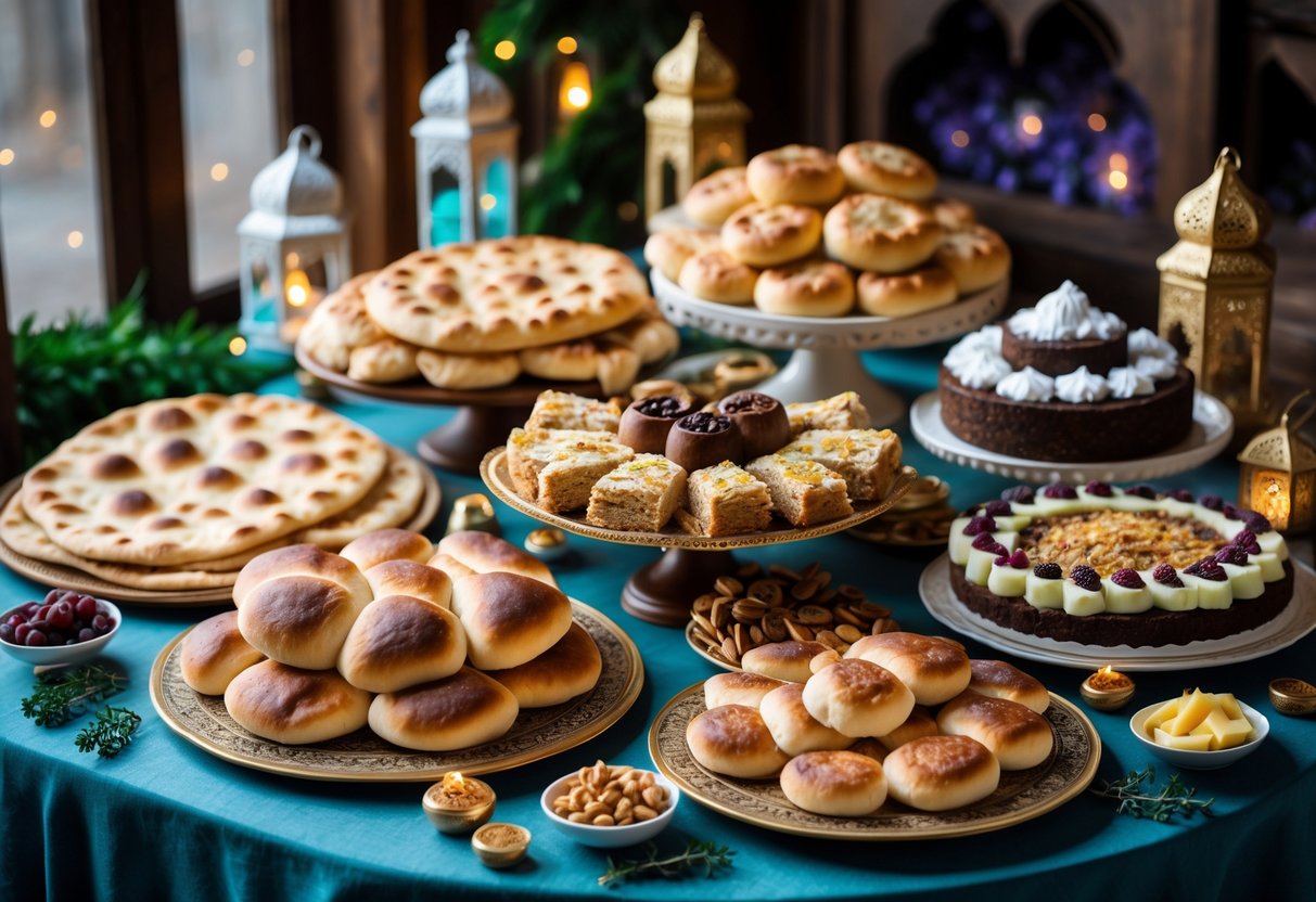 A table set with a variety of traditional breads and sweet cakes commonly served during Eid celebrations.