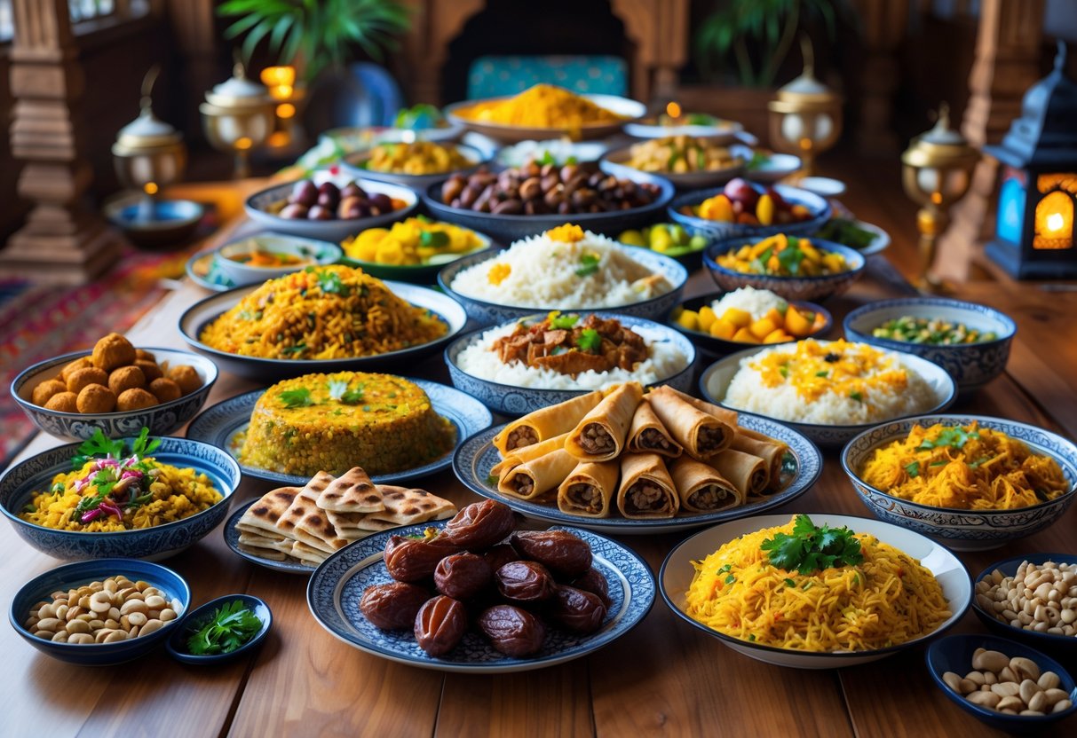 A table filled with a variety of traditional Eid dishes from different Muslim cultures, including rice, kebabs, pastries, and fruits.