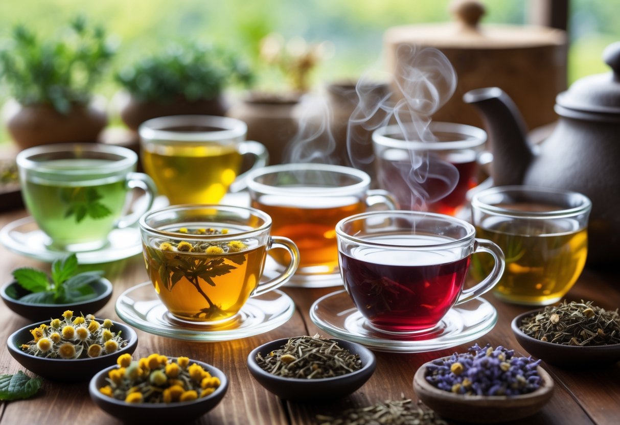 A wooden table with several glass cups of herbal tea in different colours, surrounded by bowls of dried herbs and a steaming teapot, set in a calm kitchen or garden environment.